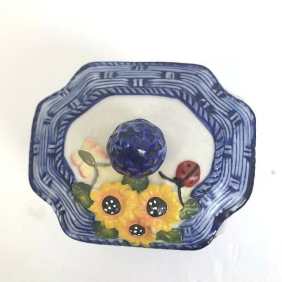 Ceramic Tea anister Caddy Blue Yellow Duck Black Eyed Susan Asian Trinket Box - Picture 3 of 7